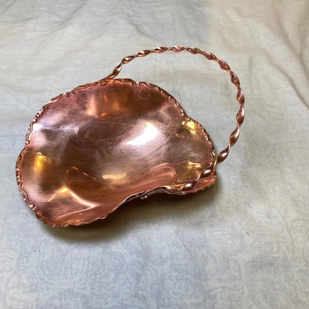 Vintage 1950s Copper Footed Basket Twisted‎ Handle Ruffled Edge Candy Dish